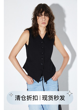 square circle方圆镂空针织拼接精纺羊毛原创设计黑色马甲背心