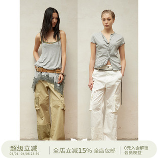 裤 SQUARE CIRCLE 方圆原创设计度假感拼蕾丝微喇定制扣工装 长裤