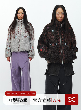 SQUARE CIRCLE 方圆花纹刺绣立领复古时髦羊羔绒摇粒绒保暖外套