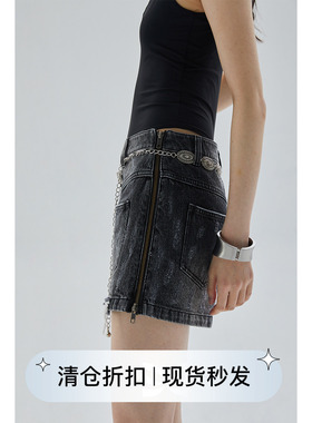 square circle方圆原创复古水洗牛仔黑色短款半身裙女夏季a字裙