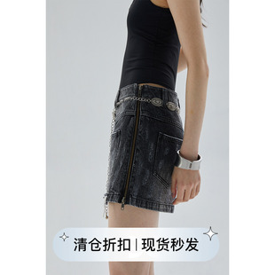 square circle方圆原创复古水洗牛仔黑色短款半身裙女夏季a字裙