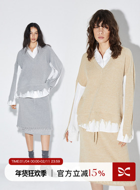 square circle方圆针织衬衫拼接原创设计假两件长袖上衣半裙套装