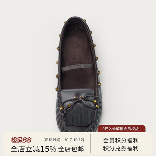 【yigenana同款】SQUARE CIRCLE 麂皮流苏铆钉蝴蝶结平底乐福鞋女