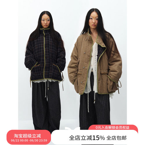 SQUARE CIRCLE 方圆设计感正反两穿复古工装格纹宽松时髦棉服外套