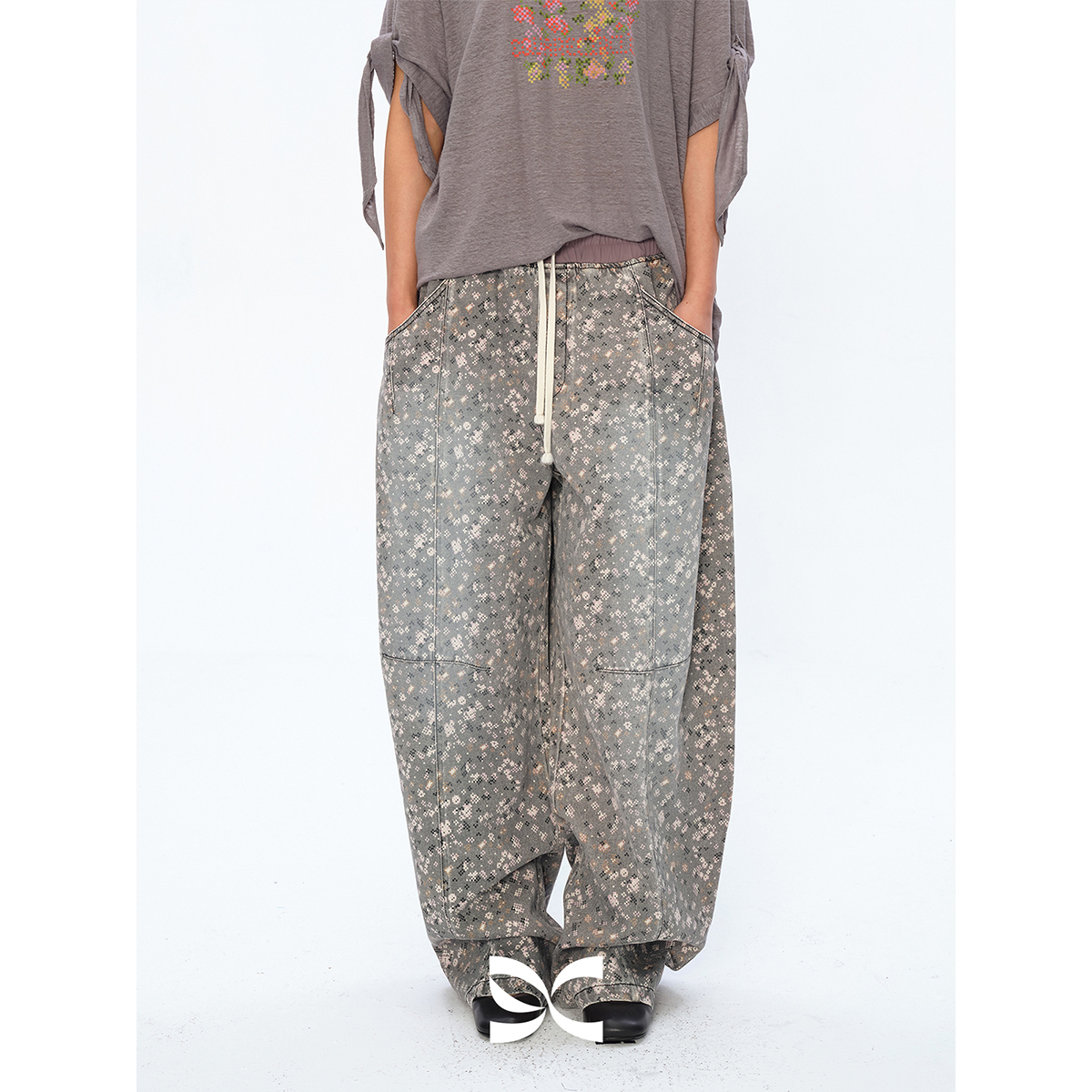 Square Circle 方圆马赛克碎花印花美式复古阔腿抽绳牛仔长裤