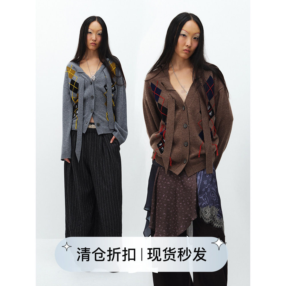 SQUARE CIRCLE 方圆羊毛复古格纹菱格V领穿绳飘带慵懒感毛衣开衫