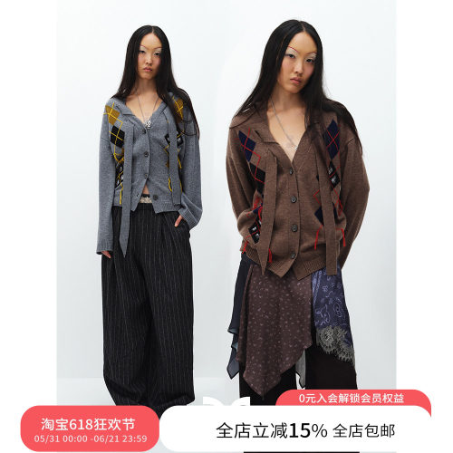 SQUARE CIRCLE 方圆羊毛复古格纹菱格V领穿绳飘带慵懒感毛衣开衫