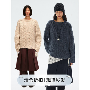 square 全羊毛编织麻花绞花流苏拼接设计感假两件毛衣 circle方圆