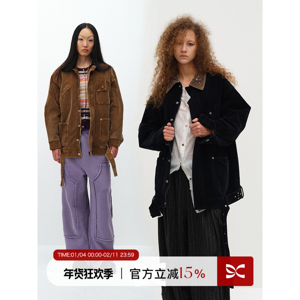 SQUARE CIRCLE 方圆设计感铆钉做旧灯芯绒翻领工装夹克棉服外套,女装/女士精品,汉服上装,淘宝优惠券,粉丝福利购,淘宝优惠卷