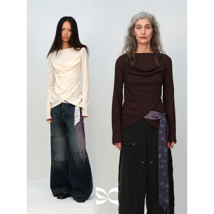 T恤 方圆设计感荡领不规则交叠下摆慵懒叠穿长袖 Square Circle