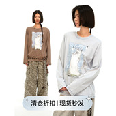 Square Circle方圆原创原创手绘猫猫印花炒色复古做旧长袖 圆领T恤