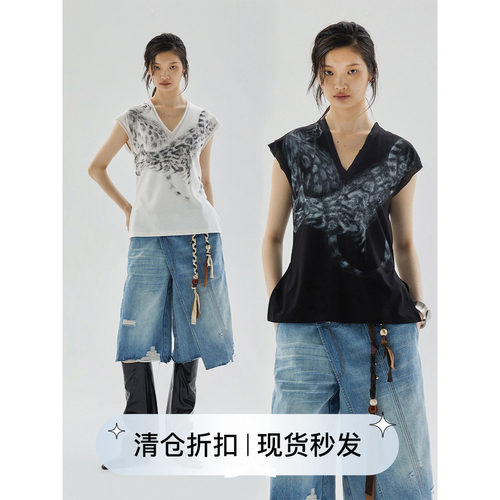 手绘豹猫印花图案V领无袖T恤上衣