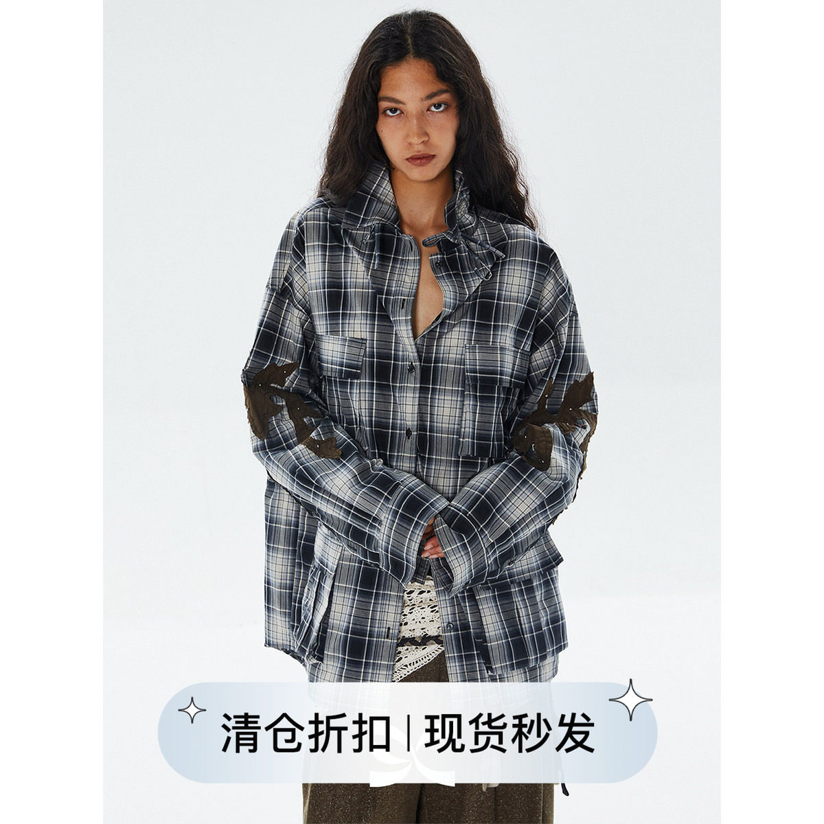 square circle方圆 贴布绣铆钉领口抽褶格纹工装口袋设计长袖衬衫,女装/女士精品,衬衫,淘宝优惠券,粉丝福利购,淘宝优惠卷