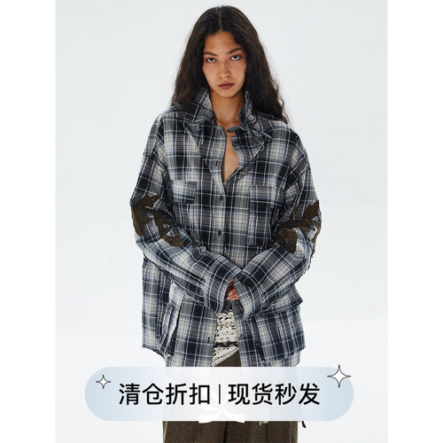 抽褶格纹工装口袋长袖衬衫