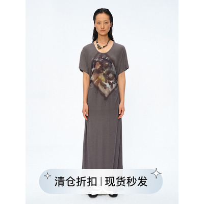 印花收腰抽褶短袖连衣裙