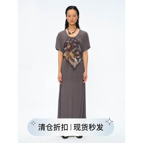 印花收腰抽褶短袖连衣裙