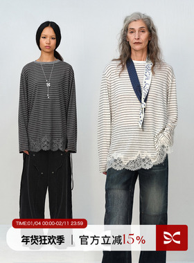 SQUARE CIRCLE 方圆亚麻经典条纹蕾丝拼接系绳百搭休闲长袖T恤