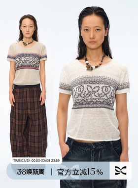 Square Circle 方圆波西米亚针织提花陶瓷串珠短款短袖上衣