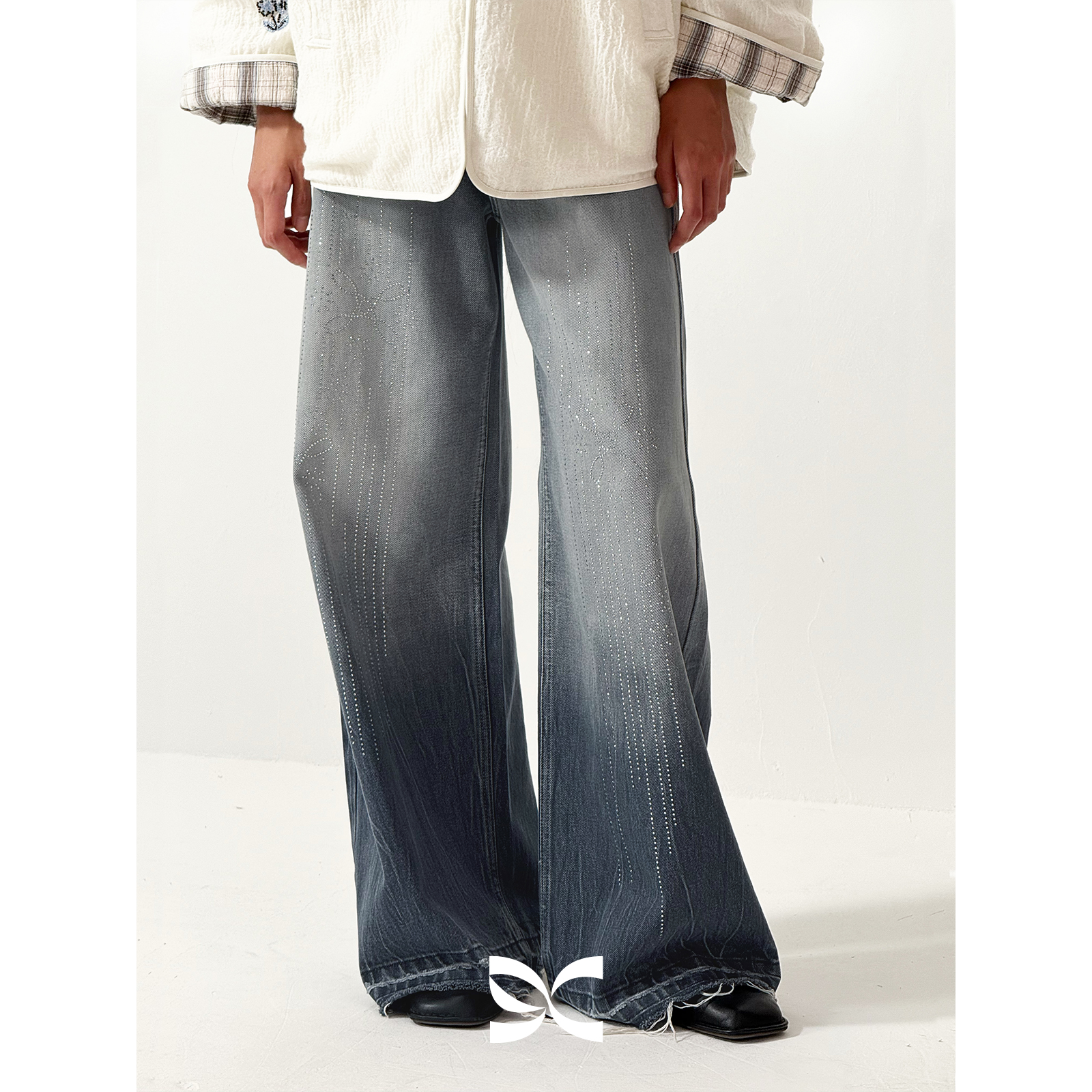 SQUARE CIRCLE 方圆设计感烫钻做旧水洗蓝灰直筒质感牛仔裤长裤