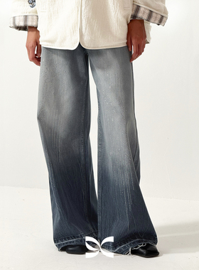 SQUARE CIRCLE 方圆设计感烫钻做旧水洗蓝灰直筒质感牛仔裤长裤