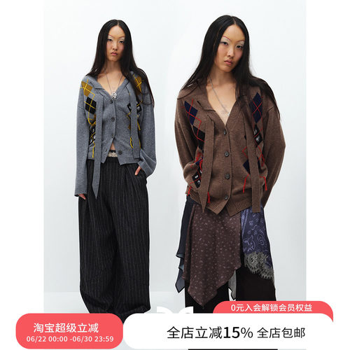 SQUARE CIRCLE 方圆羊毛复古格纹菱格V领穿绳飘带慵懒感毛衣开衫