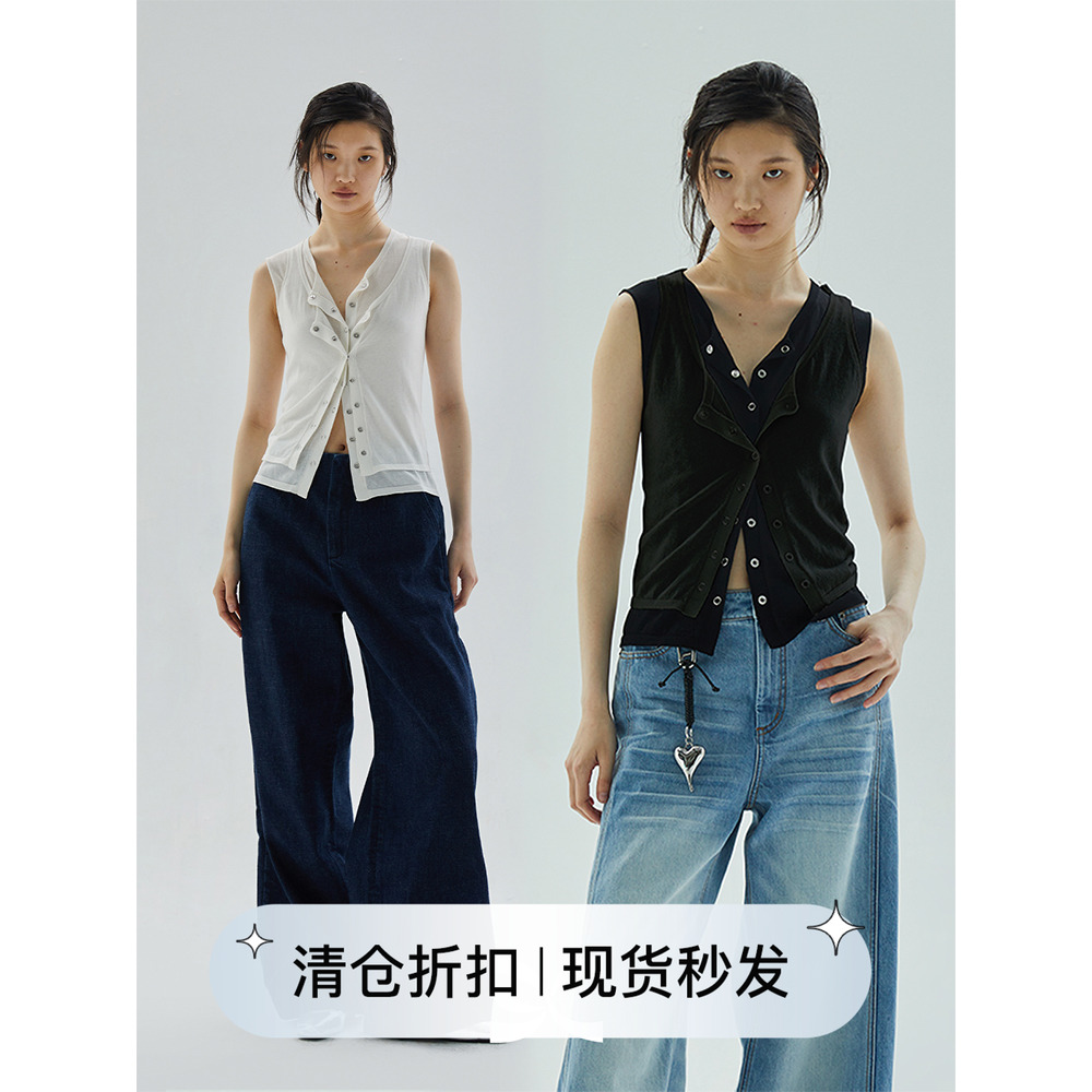 方圆假两件背心针织衫短袖