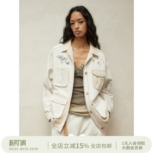 SQUARE 方圆亚麻原创设计海洋绣花蕾丝拼合翻领夹克外套 CIRCLE