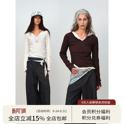 SQUARE CIRCLE 方圆全棉微透基础V领开领正肩修身显瘦长袖T恤