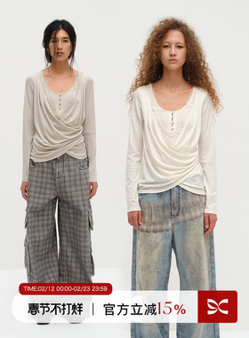 SQUARE CIRCLE 方圆天丝醋酸不规则荡领拼蕾丝收腰慵懒长袖T恤