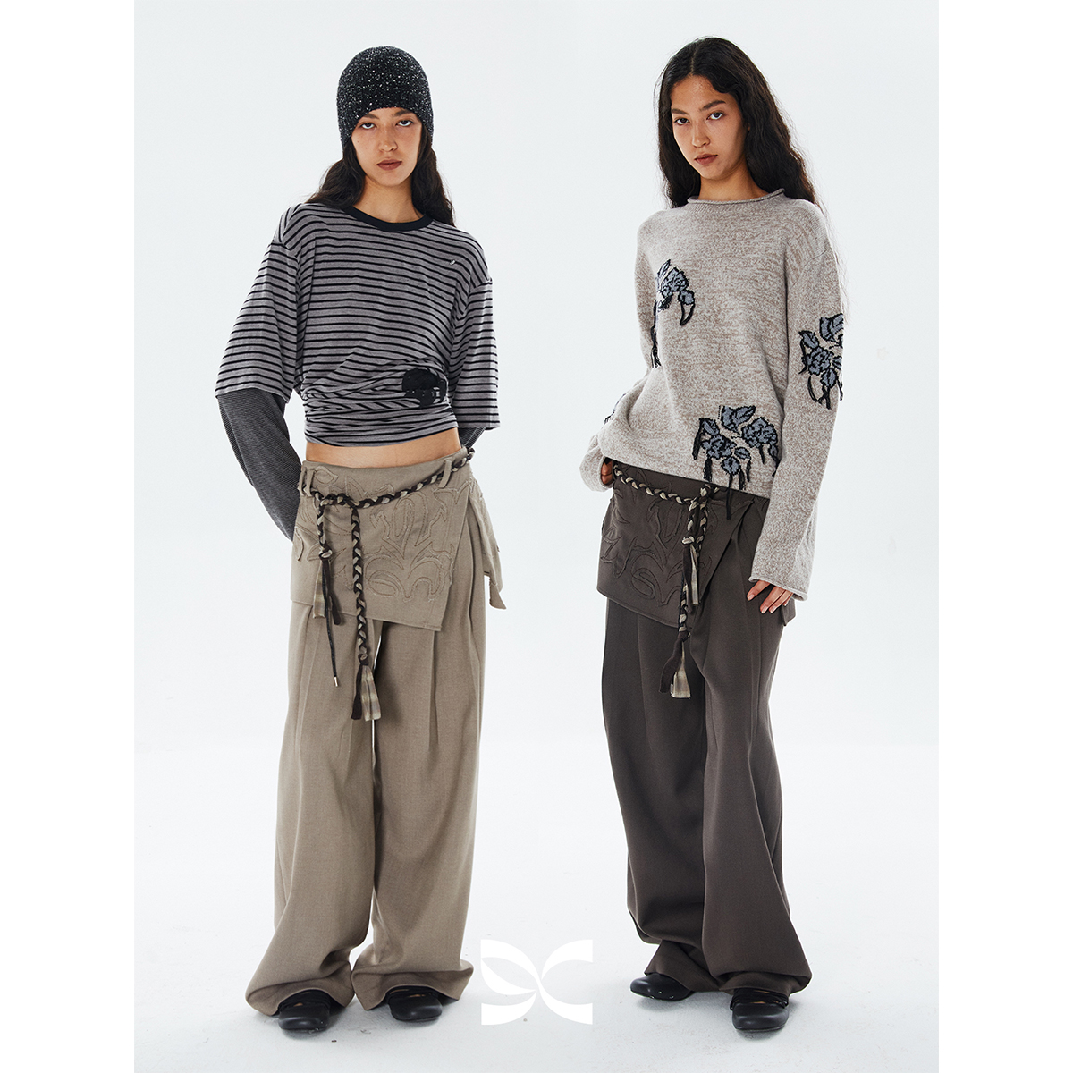 设计感贴布裙摆开衩长裤裙