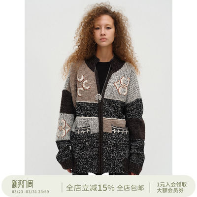 SQUARE CIRCLE 方圆绵羊毛拉链刺绣拼接秋冬复古圣诞大毛衣外套