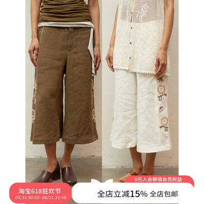 SQUARE CIRCLE 方圆亚麻设计感花朵十字绣毛边阔腿复古休闲短裤女