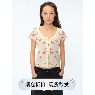 Square Circle方圆碎花提花针织吊带背心短袖上衣开衫两件套