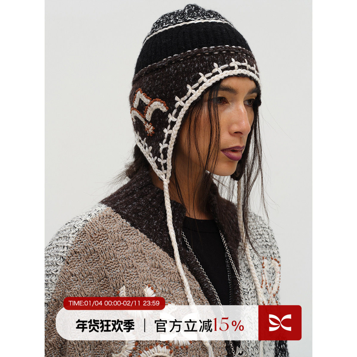 SQUARE CIRCLE 方圆绵羊毛手工刺绣秋冬复古保暖系绳护耳毛线帽,服饰配件/皮带/帽子/围巾,帽子,淘宝优惠券,粉丝福利购,淘宝优惠卷