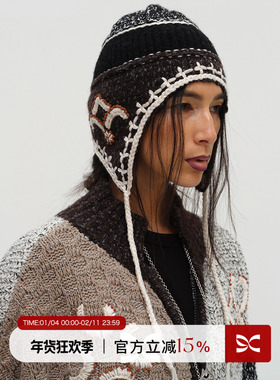 SQUARE CIRCLE 方圆绵羊毛手工刺绣秋冬复古保暖系绳护耳毛线帽