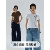 circle方圆手工钉珠蝴蝶结T恤短款 修身 百搭夏季 square 圆领短袖