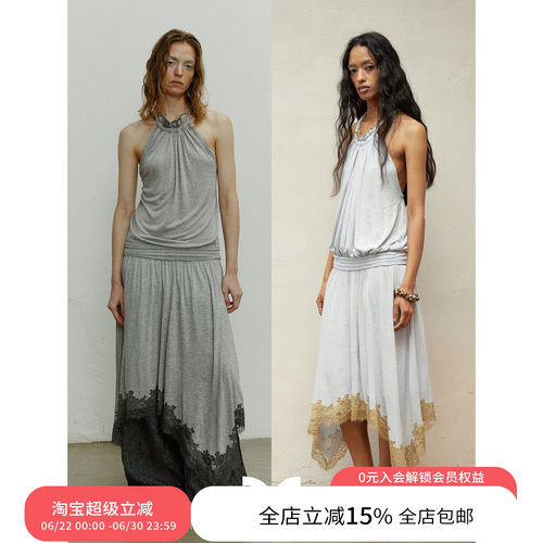 SQUARE CIRCLE 方圆撞色下摆挂脖堆褶春夏氛围感度假风低腰连衣裙