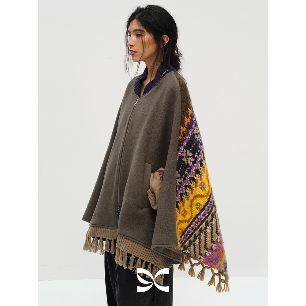 SQUARE CIRCLE 方圆费尔岛花纹拼接双面呢流苏斗篷披肩大衣外套