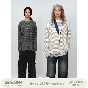 SQUARE CIRCLE 方圆亚麻经典条纹蕾丝拼接系绳百搭休闲长袖T恤