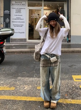 SQUARE CIRCLE 方圆3D立体裙摆印花街头复古做旧宽松牛仔裤长裤