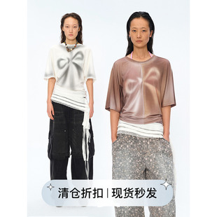 Square Circle 方圆设计感露背后背绑带渐变印花夏季新款短袖T恤