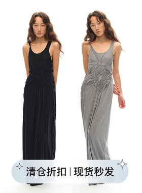 Square Circle 方圆不规则抽褶收腰显瘦U领吊带背心连衣裙长裙