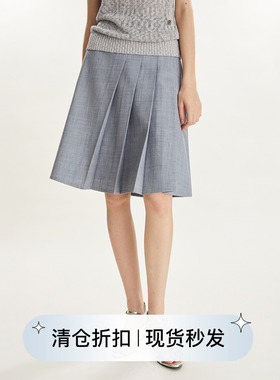 square circle方圆    精纺羊毛灰色斜百褶短裙女气质a字裙半身裙