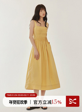 【秦岚同款】square circle方圆芒果黄风琴褶后背镂空吊带连衣裙