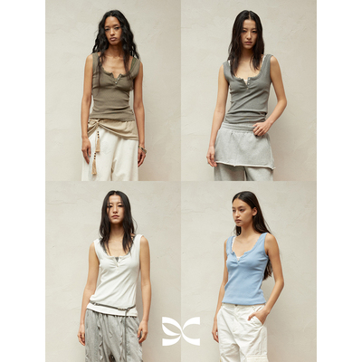 SQUARE CIRCLE 方圆春夏度假感蕾丝领拼接亨利领叠穿工装背心上衣