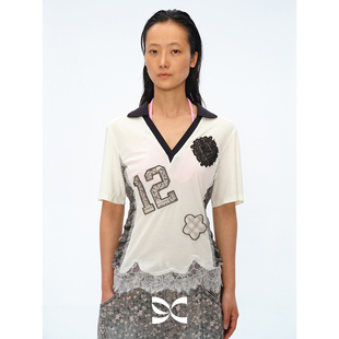 方圆设计感蕾丝拼接字母碎花贴布绣球衣T恤短袖 Square Circle