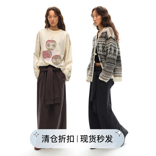 Square Circle方圆双腰假两件亚麻格纹拼接绑带设计卫裙长裙半裙