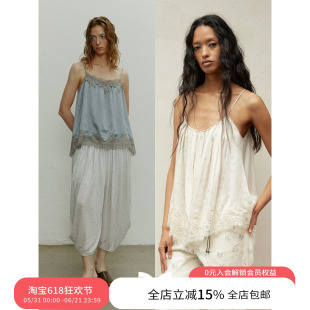 【yigenana同款】方圆真丝正反两穿碎花拼蕾丝度假清凉垂感吊带女