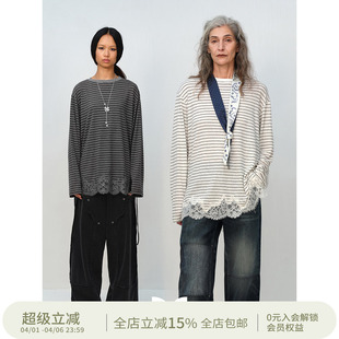 SQUARE 方圆亚麻经典 条纹蕾丝拼接系绳百搭休闲长袖 T恤 CIRCLE