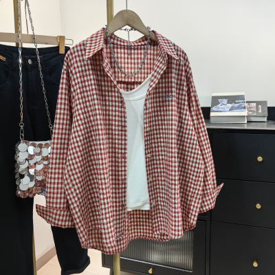 复古纯棉红格纹衬衫女春夏新款小